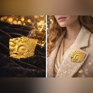Vintage JJ Jonette Gold Tone Abstract Face Brooch Modernist Art Nouveau Style